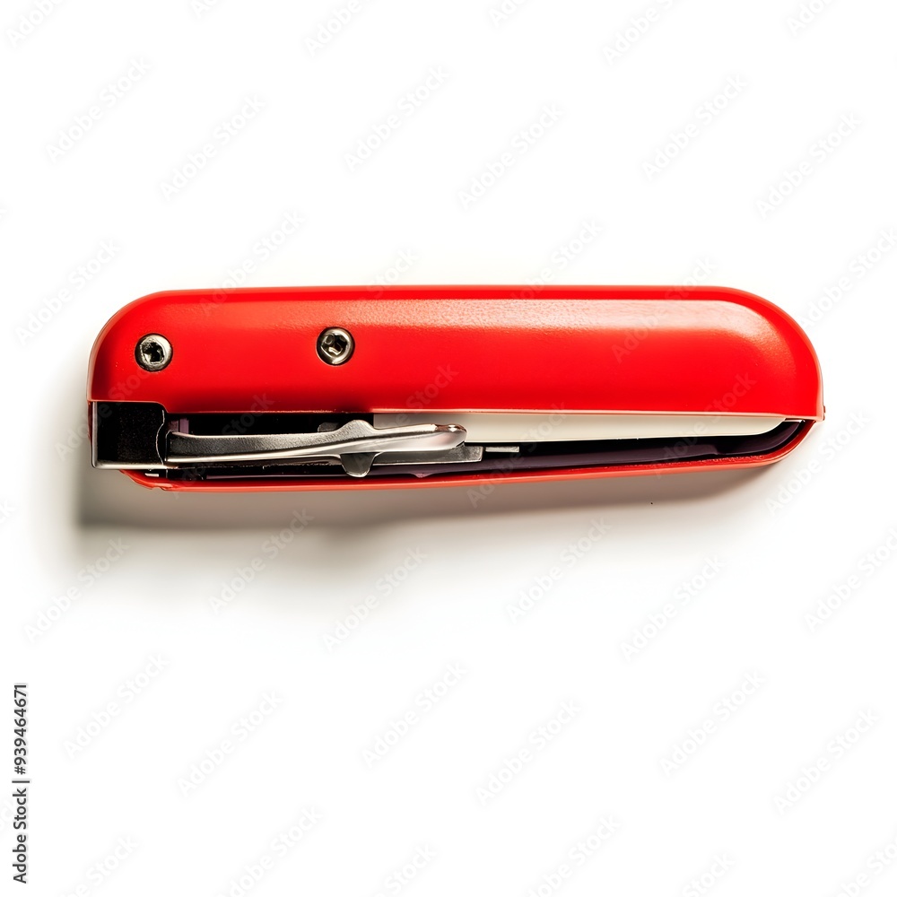 Poster striking image of a bold bright red stapler placed at the center of a clean white background highlig