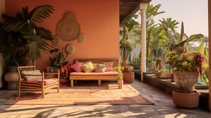 Obraz premium Cozy outdoor terrace with lush tropical plants and pink furniture