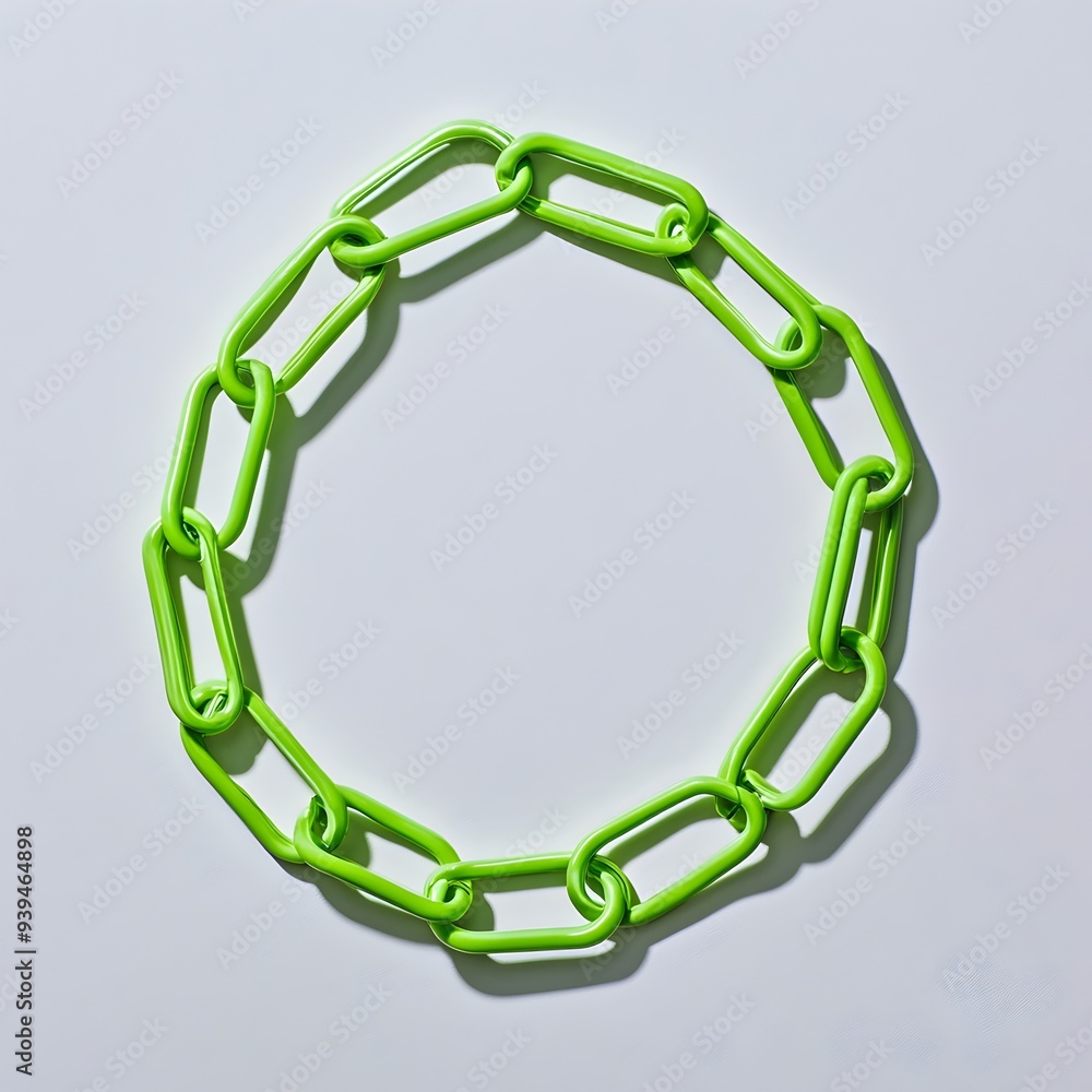 Poster striking image of a neon green paper clip chain arranged in a perfect circular pattern isolated on a