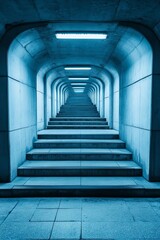 A modern blue-toned stairway in a tunnel, creating a feeling of depth and tranquility. Perfect for architectural or abstract themes.