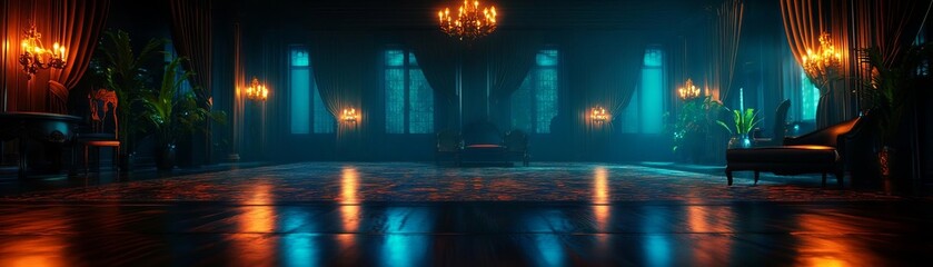 A moody, beautifully lit interior with dramatic lighting, elegant furniture, and a sense of mystery, perfect for creative projects.