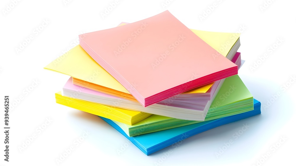 Poster colorful sticky notes stacked on white background with room to write reminders memos messages and ta