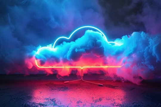 Neon cloud computing concept glowing with blue and red lights on a dark background