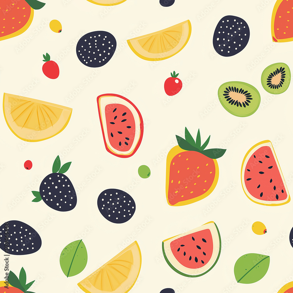 Wall mural Vivid fruits like watermelon, kiwi, and citrus, scattered across a light background in a seamless pattern with fresh, lively colors.