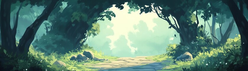 A serene forest path illuminated by soft sunlight, creating a magical atmosphere of tranquility and natural beauty.