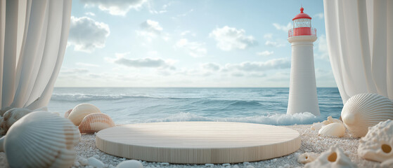 Obraz premium Serene seascape featuring a lighthouse, shells, and a wooden platform with ocean views, perfect for summer themes.