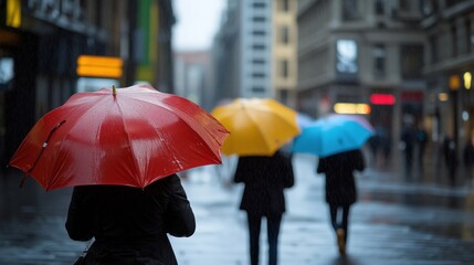 Street scene with people walking under colorful umbrellas in the rain. Blurred lights and reflections create a moody atmosphere.