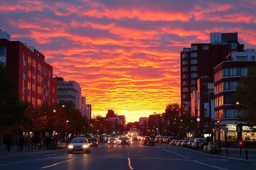 Obraz premium City Street at Sunset with Orange and Purple Clouds