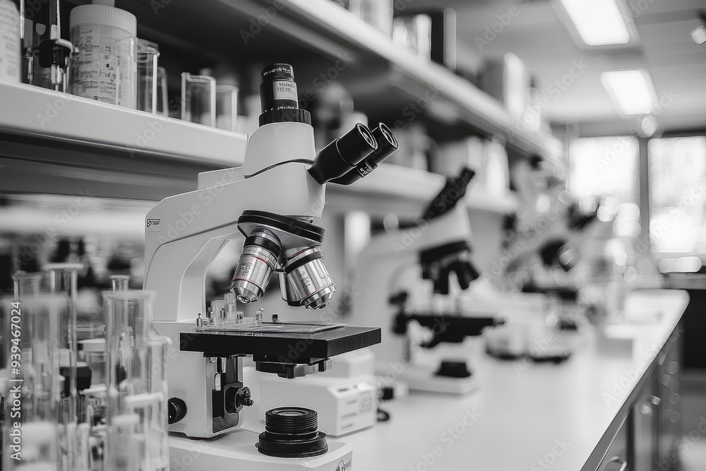 Poster close-up of a microscope in a laboratory setting