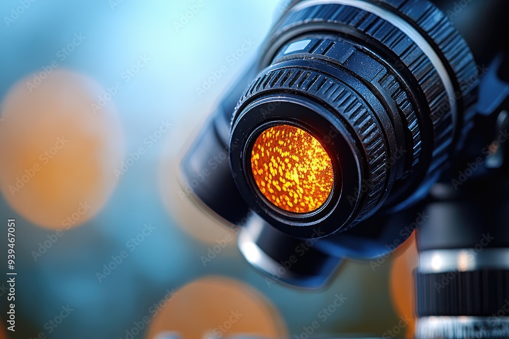Poster close-up of a microscope lens with glowing light source