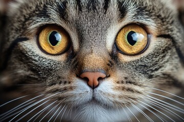 Close-up of a Tabby Cat's Face with Large Yellow Eyes