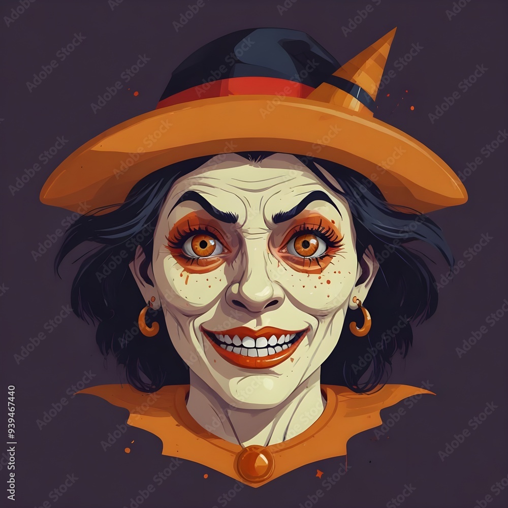 Wall mural Cartoon horror woman witch character face smile. Illustration