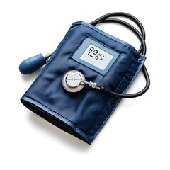 Close up photograph of a medical blood pressure cuff with a digital monitor display at the center isolated on a plain white background in a studio setting