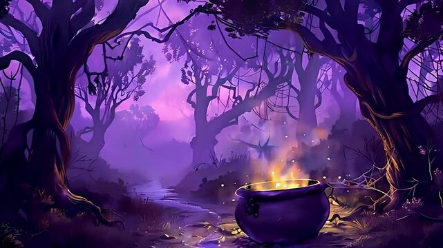 A magical forest with a cauldron glowing in the center, a stream in the foreground and purple trees footage video animation