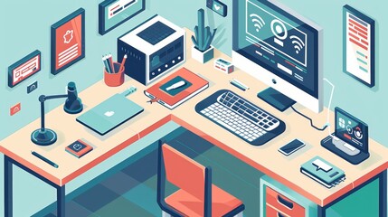 Obraz premium Vector illustration of a modern office workspace with a computer, gadgets, and office supplies in an organized and stylish setup.