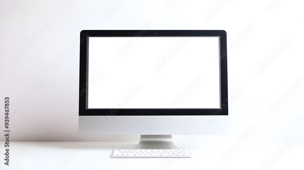 Poster blank white screen of a modern desktop computer monitor isolated on a clean minimalist white backgro