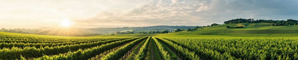 Naklejka premium Panoramic view of vineyards at sunset, showcasing vibrant green vines and warm orange hues, with sun rays casting a golden glow across the landscape.