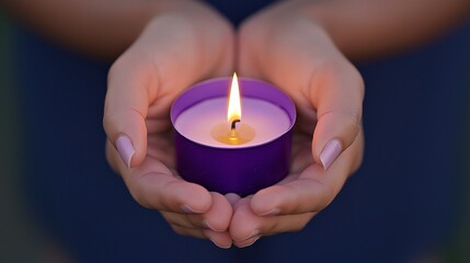 Hands holding a lit purple candle in a solemn vigil for remembrance and hope during International Overdose Awareness Day