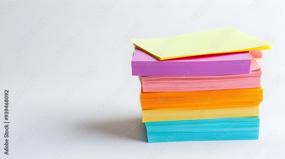 Poster meticulously arranged ream of sticky notes isolated on plain white surface with ample copy space for