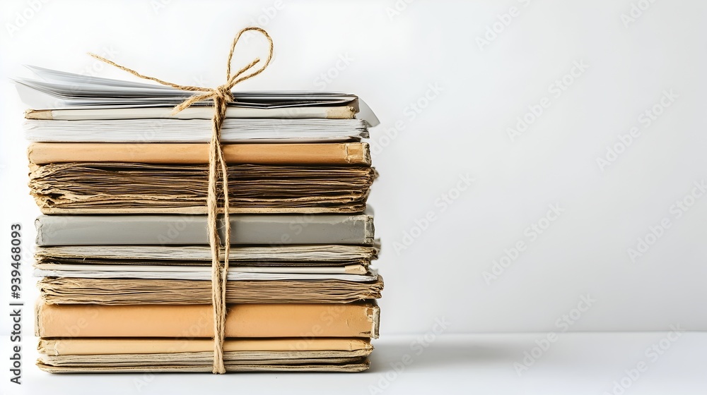 Poster neatly organized stack of folders tied with string on plain white background representing efficient 