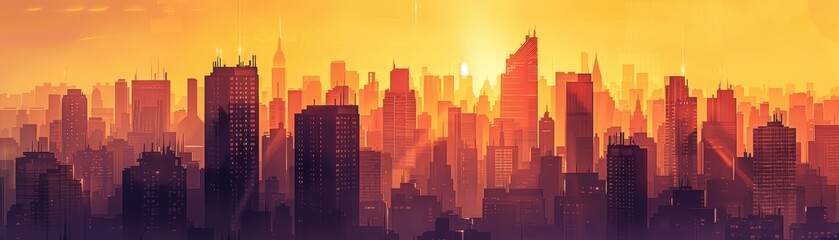 Obraz premium Vibrant city skyline bathed in golden sunlight at sunset, featuring numerous high-rise buildings against a yellow-orange sky.