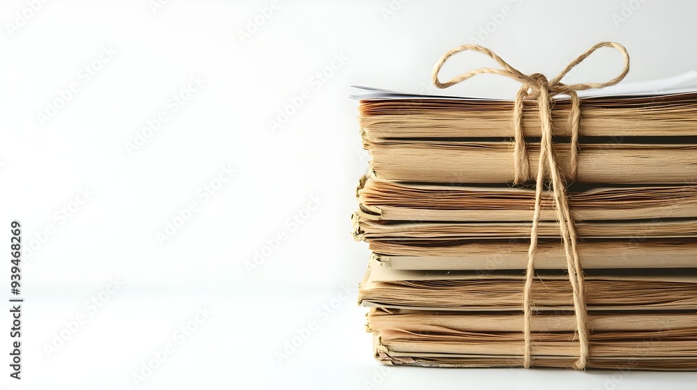 Poster a neat stack of folders tied together with a string isolated on a plain white background this image 