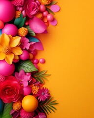 Obraz premium A vibrant arrangement of colorful flowers and decorative elements against a bright yellow background.