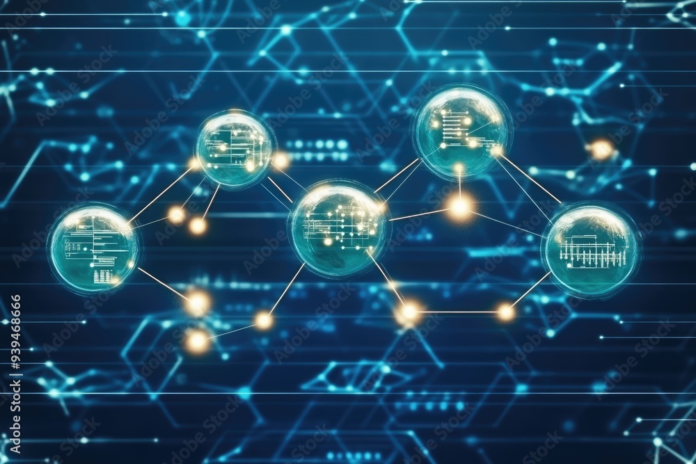 Poster connected globes with glowing lines and abstract shapes on a dark blue background