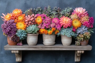 Obraz premium Colorful Succulents and Flowers on a Wooden Shelf