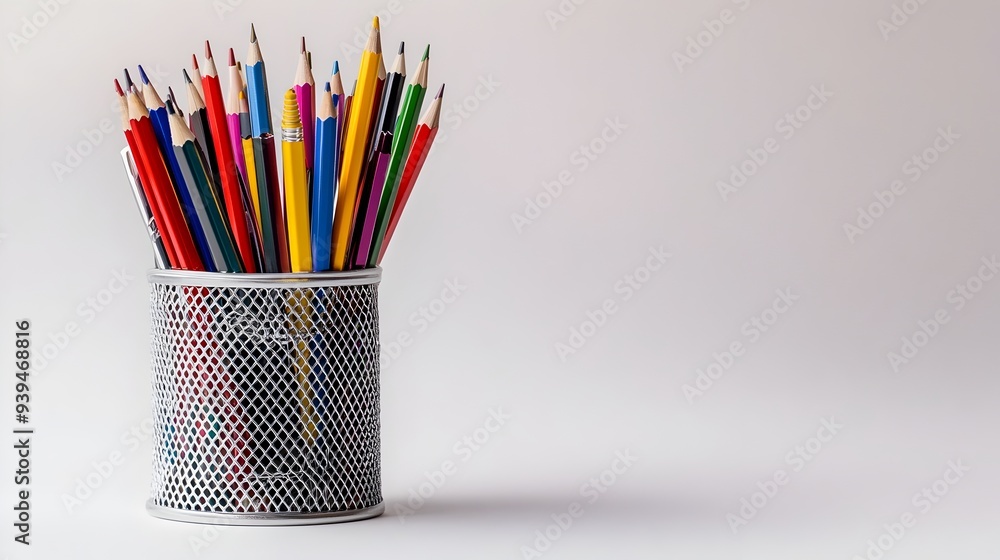 Aufkleber pen holder filled with various pens and pencils isolated on a clean white background creating a mini