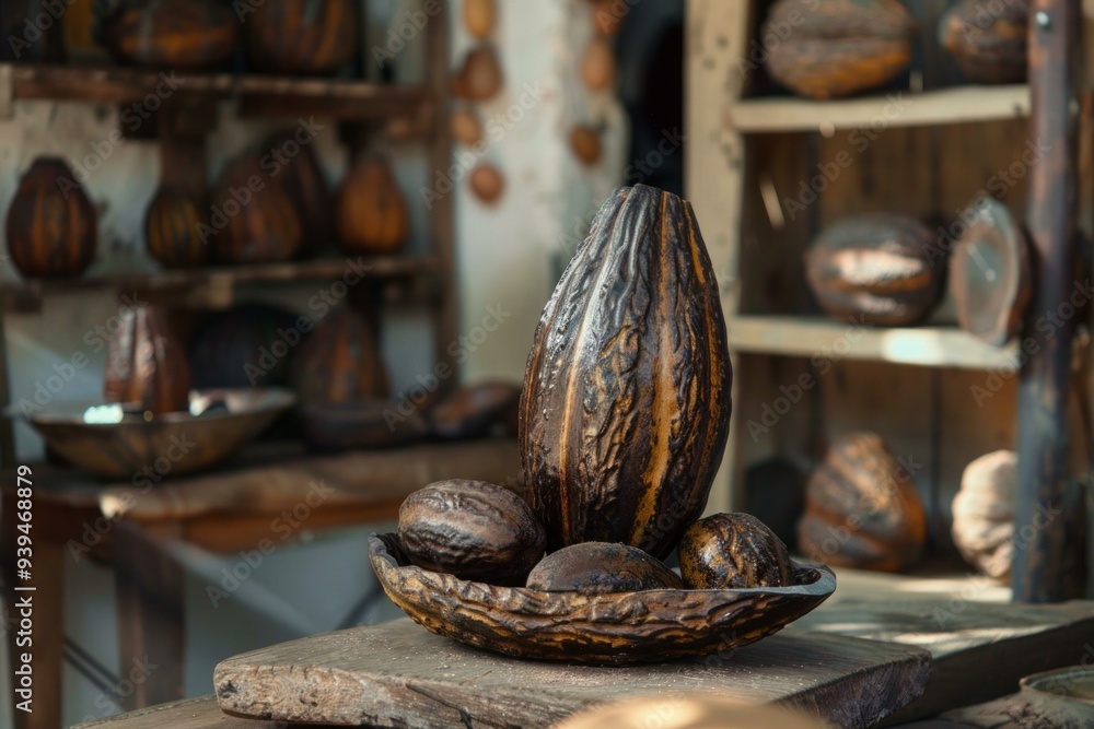 Poster wooden bowl holding a large dried cocoa pod surrounded by smaller cocoa pods on a table in a south a
