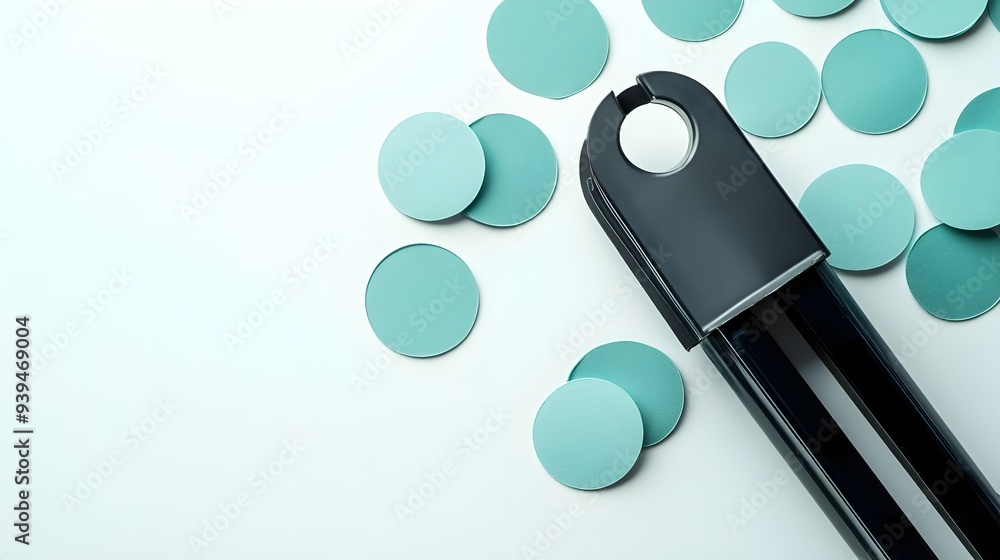 Aufkleber minimalist flat lay photograph of a hole puncher with circular punched paper pieces surrounding it i