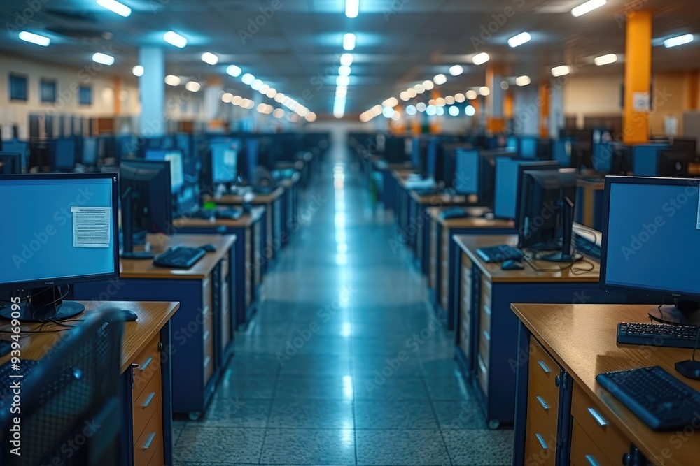 Poster empty computer lab with blue lighting and rows of desks