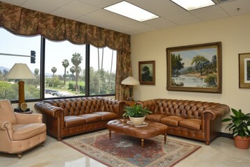Elegant Living Room with Leather Furniture, Palm Trees View, and Oriental Rug