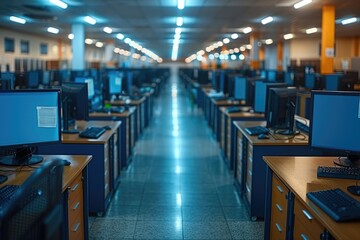Empty Computer Lab with Blue Lighting and Rows of Desks