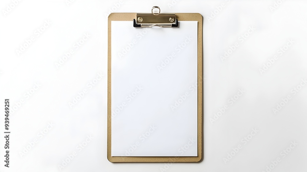 Aufkleber blank clipboard with clean white paper sheet laid on a simple minimalist white background providing 