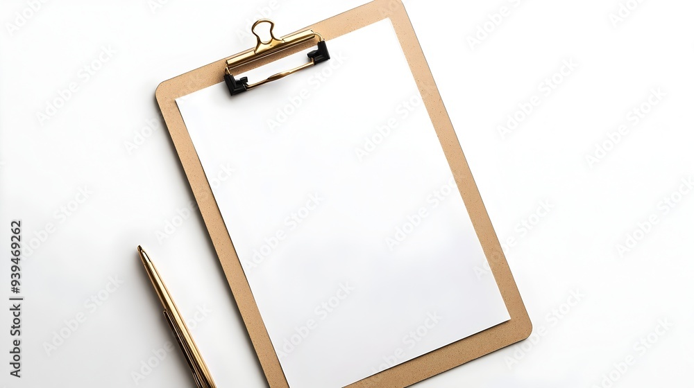 Poster minimalistic mockup of a blank clipboard with a sheet of white paper isolated on a clean white backg