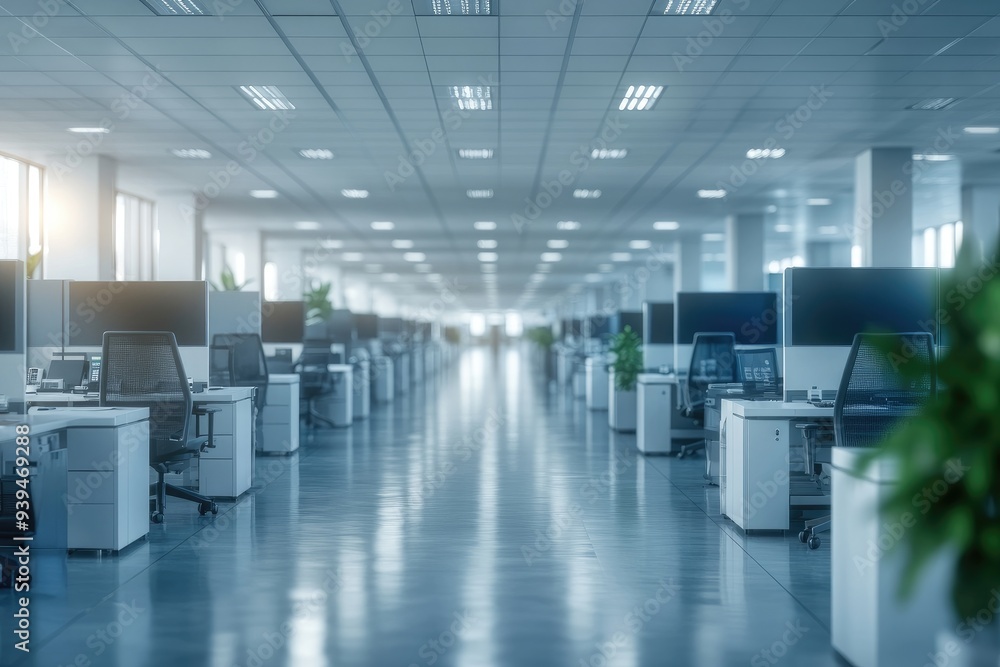 Poster empty modern office with rows of desks and monitors