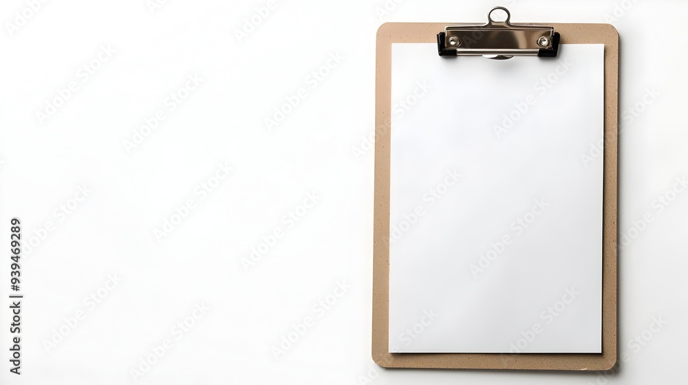 Poster blank clipboard with empty white paper sheet isolated on plain white background providing copy space
