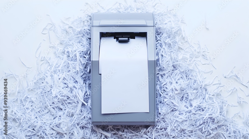 Poster close up view of a paper shredder with shredded paper strewn around it isolated on a clean white bac