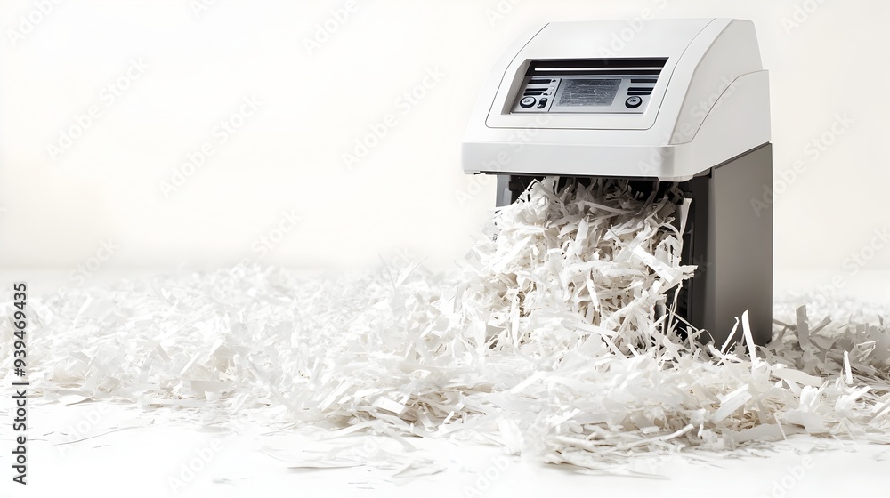 Poster closeup of a paper shredder with scattered shredded documents or confidential information on a clean