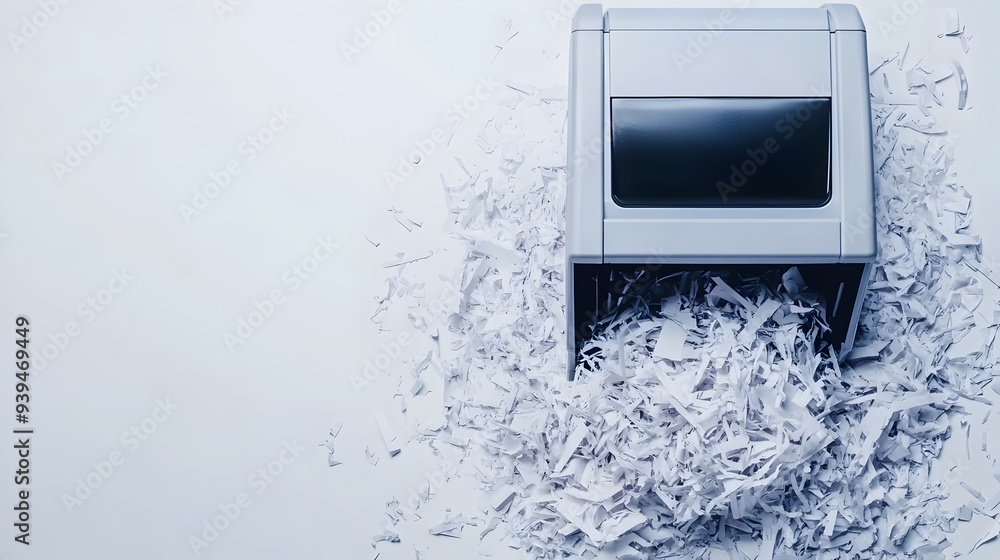 Poster closeup photograph of a paper shredder with shredded documents scattered around it isolated on a cle