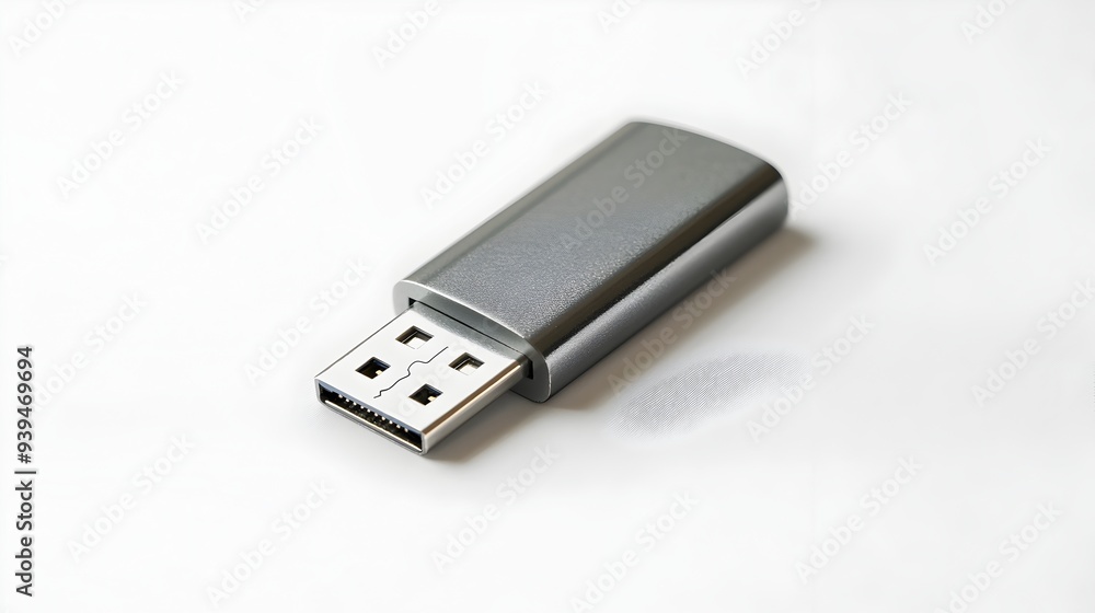 Poster closeup of a modern usb flash drive or thumb drive storage device isolated on a clean white backgrou