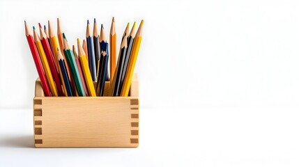 Fototapeta premium Photograph of a desk organizer filled with various pens and pencils isolated on a clean white background with ample space for text related to office organization productivity and workspace setup