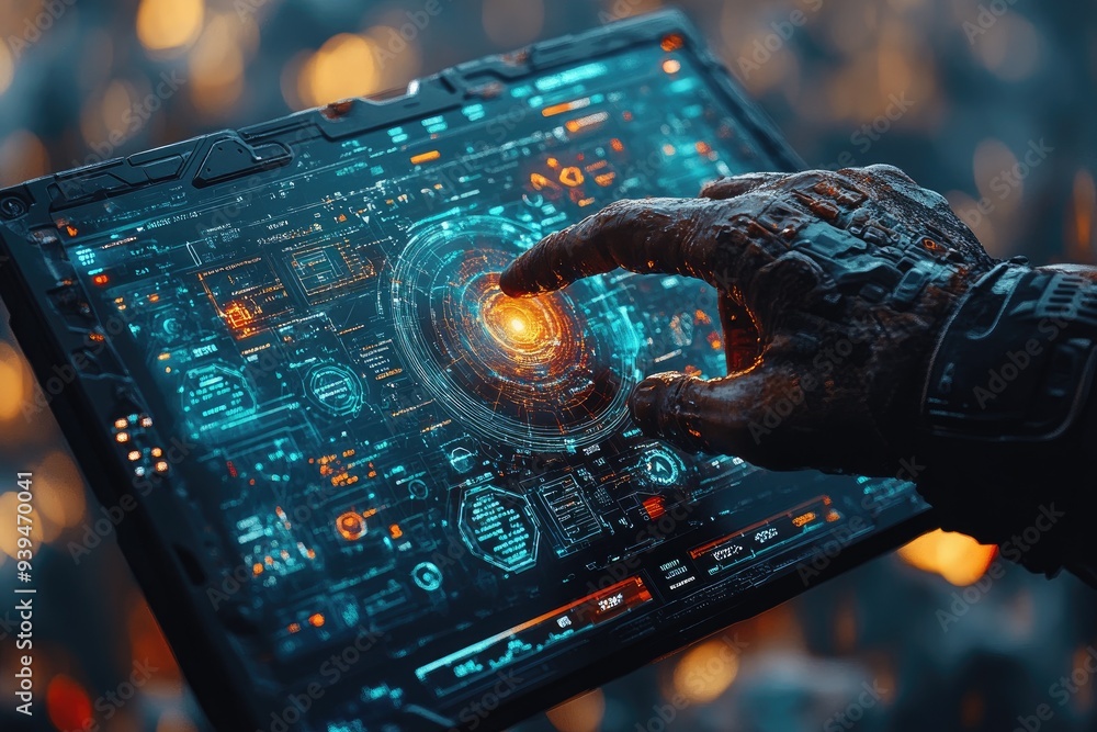 Poster futuristic interface with gloved hand interacting with digital data