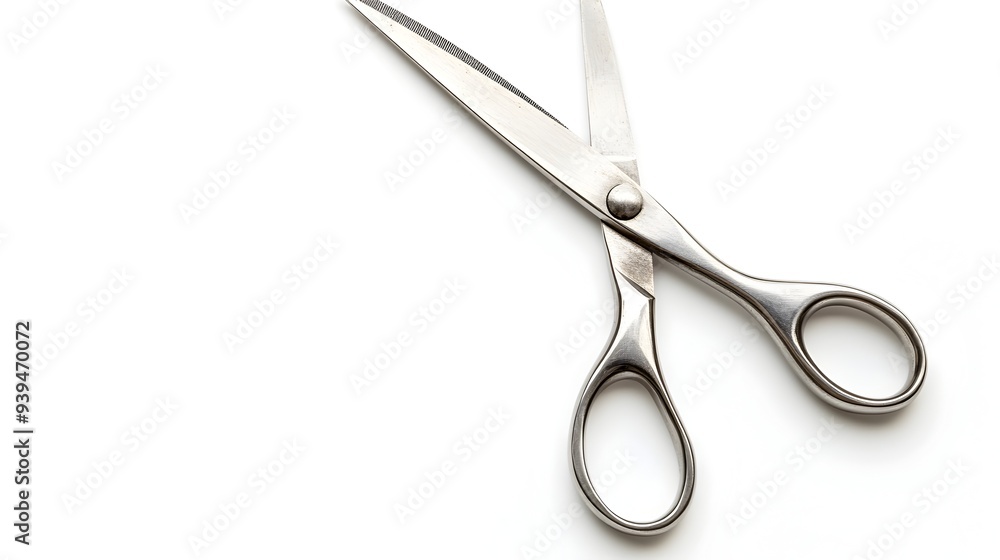 Poster closeup photograph of a pair of metallic silver scissors with sharp blades isolated on a clean white