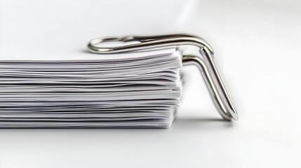 Closeup of a single metal paperclip securely holding together a small stack of documents or papers against a clean bright white background with copy space