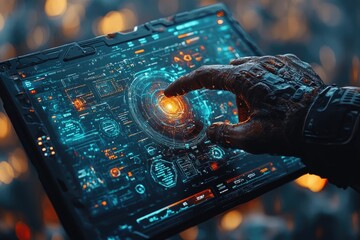 Futuristic Interface with Gloved Hand Interacting with Digital Data
