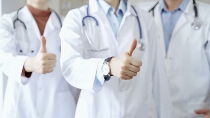 Two doctors showing thumbs up in hospital corridor