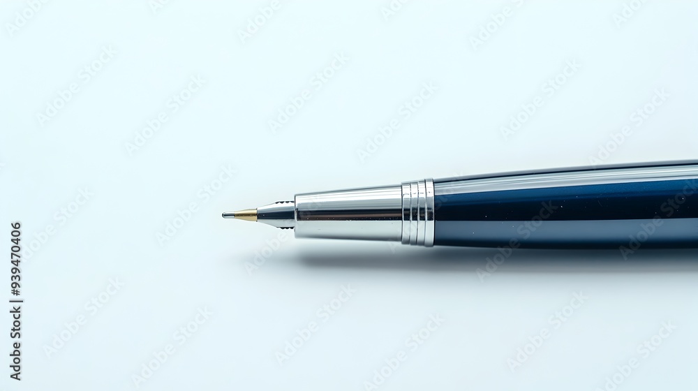 Poster closeup shot of a ballpoint pen with the cap off isolated on a plain white background providing a cl